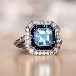 1.05ct Center Asscher Cut Aquamarine and Sapphire Halo Ring 13105-Artistic Web