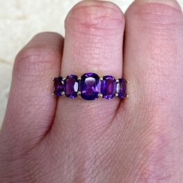 Five Elongated Cushion Cut Natural Amethyst 18k Yellow Gold Ring 13672 F2