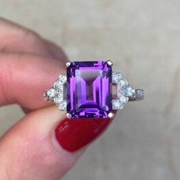 Prong Set 3.07ct Natural Emerald Cut Amethyst Gemstone Ring13878 F1