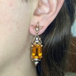 Emerald Cut Natural Citrine Retro Drop Earrings Circa 1940 Florence Earrings worn